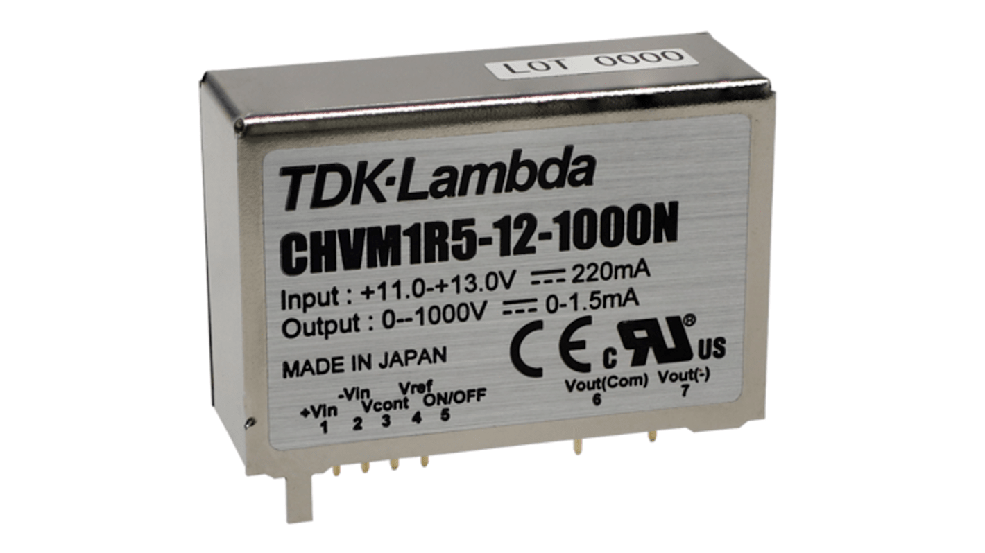 Przetwornica DC-DC, 1.5W, Uwe 11.0 → 13.0 V dc, Uwy 0 → 1000V dc, Iwy 1.5mA, TDK-Lambda Tak