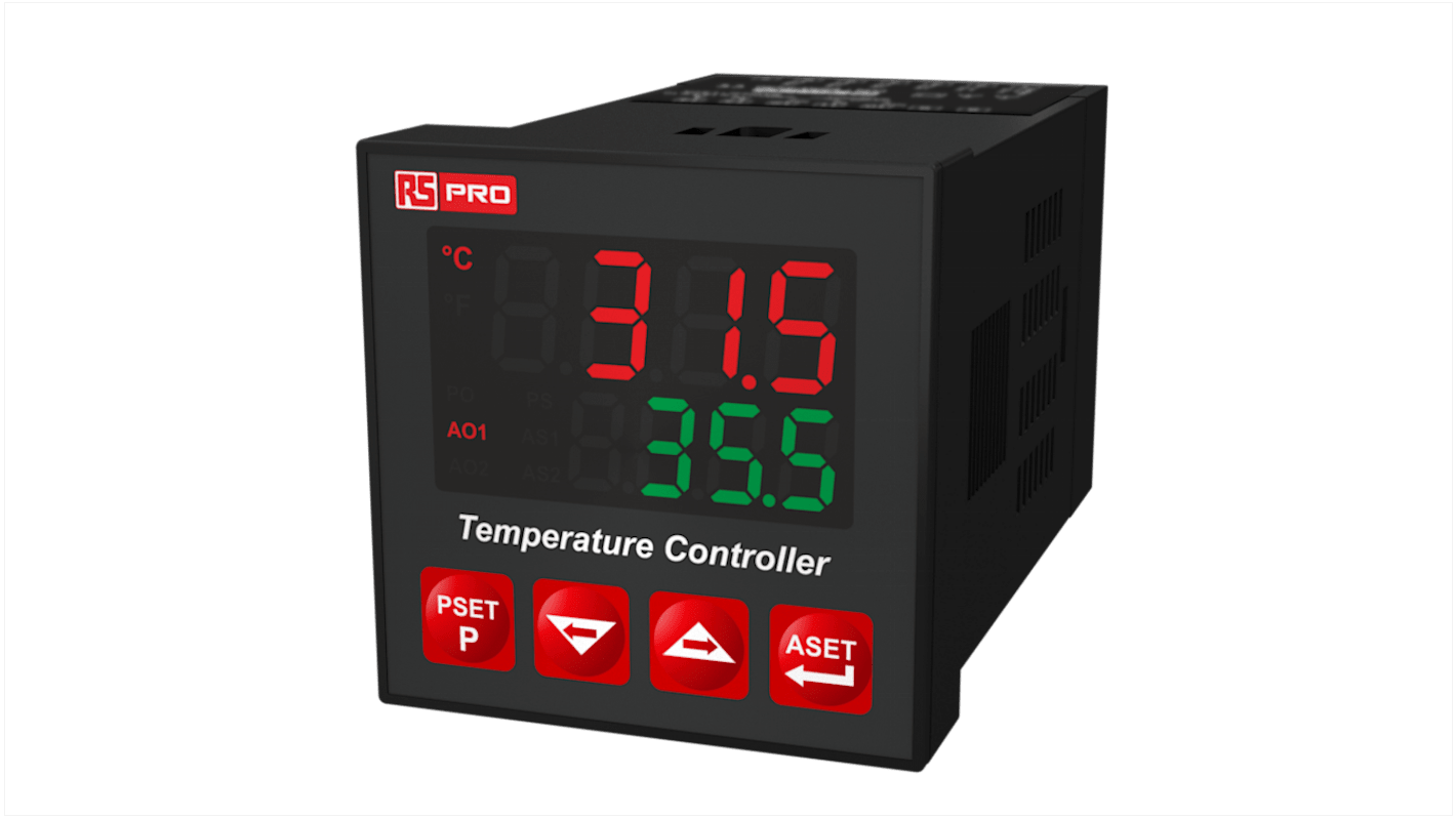 Controlador de temperatura PID RS PRO, 48 x 48mm, 115 V, 2 entradas TC, RTD, 3 salidas Relé, SSR