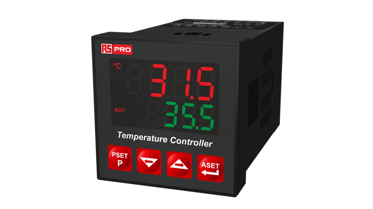 Controlador de temperatura PID RS PRO, 48 x 48mm, 230 V, 2 entradas TC, RTD, 3 salidas Relé, SSR
