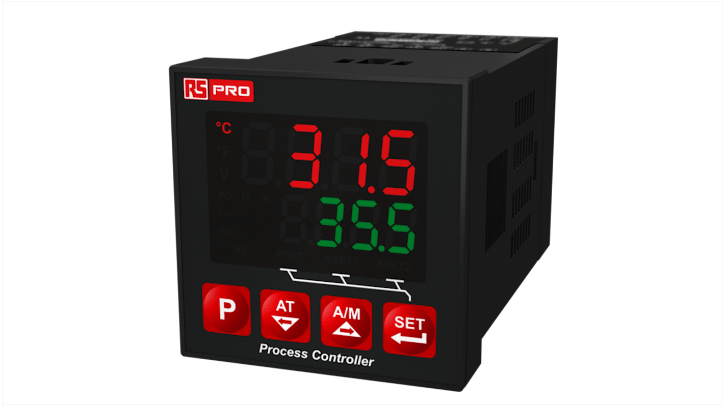 Controlador de temperatura PID RS PRO, 48 x 48mm, 100 → 240 V., 3 entradas TC, RTD, 3 salidas Relé, SSR