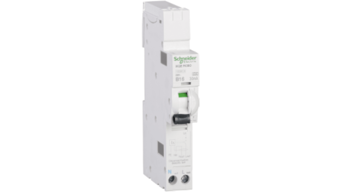 Schneider Electric RCBO, 16A Current Rating, 1P Poles, 30mA Trip Sensitivity, Type B, Acti9 Range