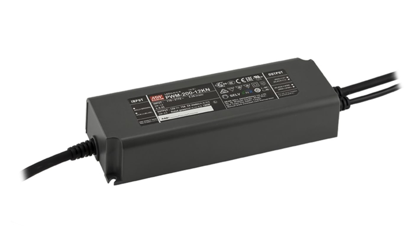 Driver LED tensión constante MEAN WELL PWM-200KN, IN: 100 → 305 VCA, 142 → 431 VCC, OUT: 12V, 15A, 180W,
