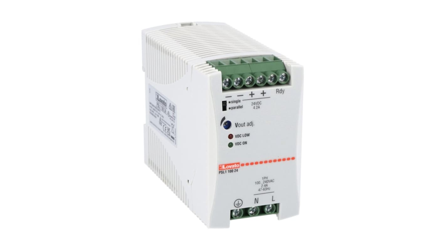 Lovato PSL Switched Mode DIN Rail Power Supply, 240V ac ac Input, 24V dc dc Output, 4.2A Output, 100W