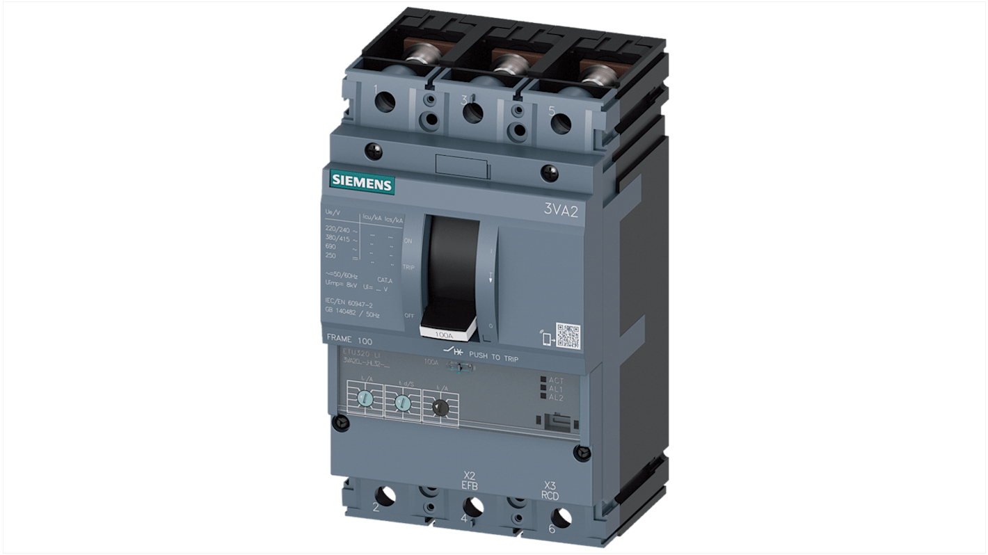 Disjoncteur Siemens 3VA2 3P, 100A, montage rail DIN