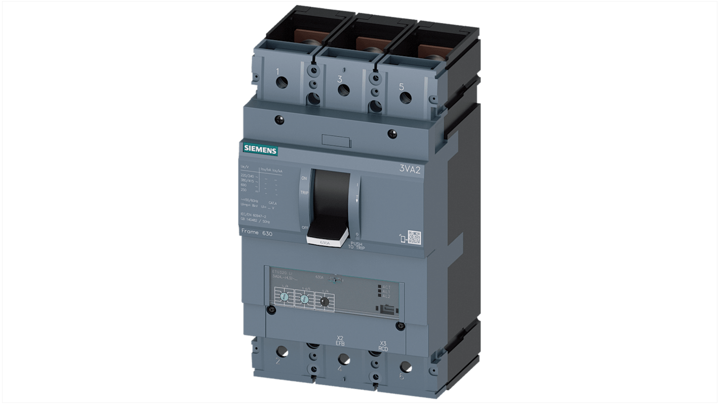 Siemens, SENTRON Circuit breaker 3P 630A, Breaking Capacity 85 kA, DIN Rail Mount