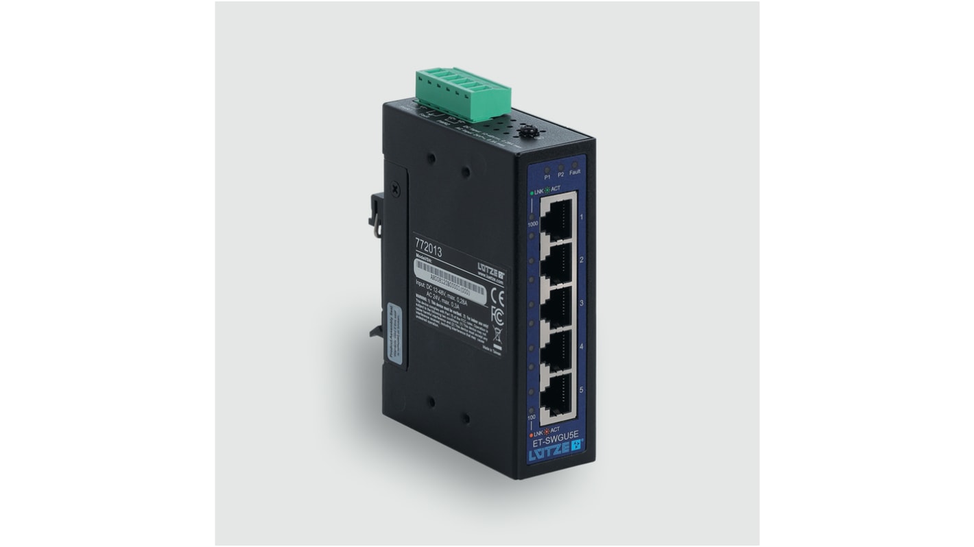 F Lutze Ltd DIN Rail Mount Industrial Ethernet Switch, 5 RJ45 Ports, 1000Mbit/s Transmission, 12 → 48V dc