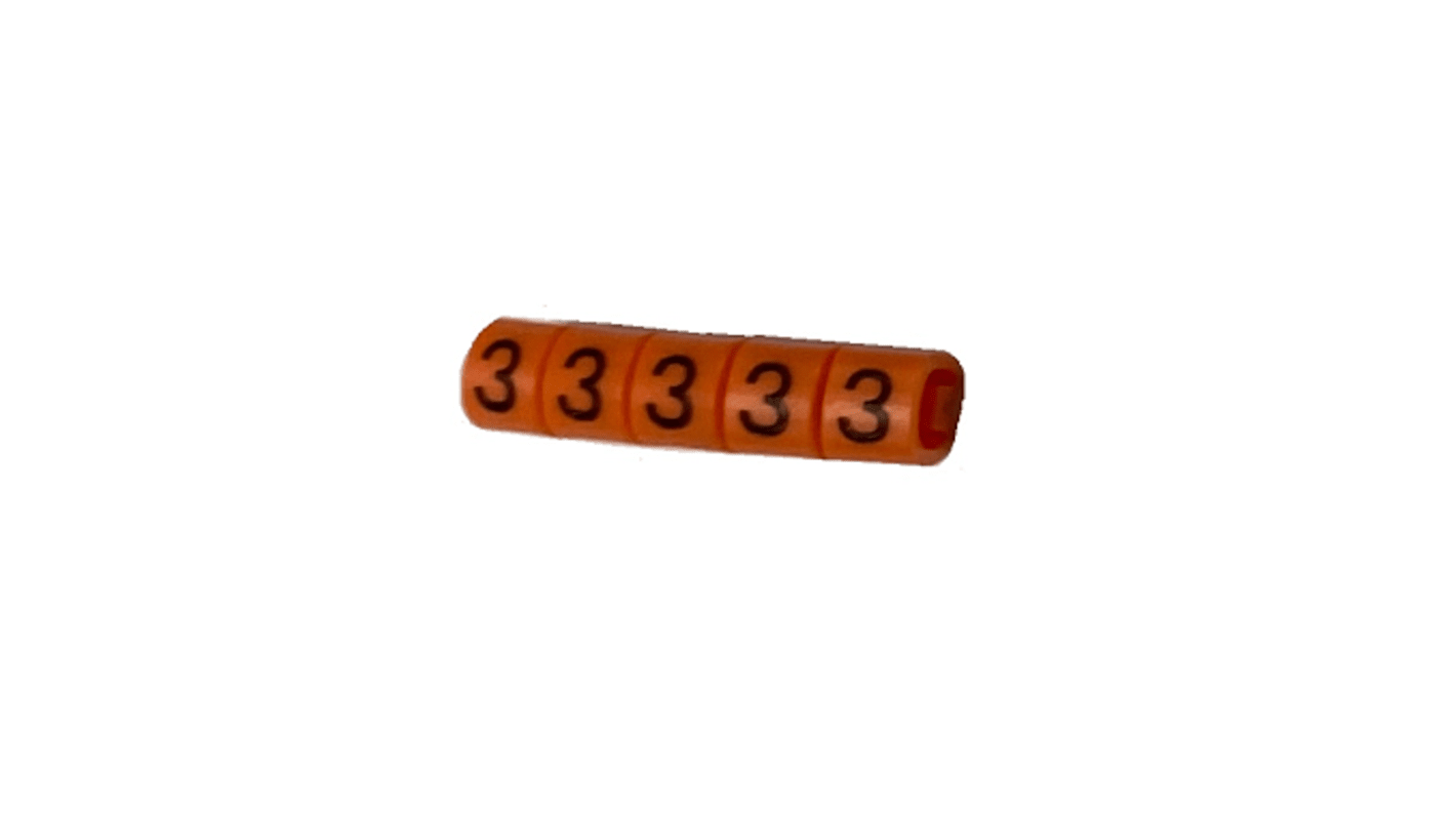 RS PRO Slide On Cable Marker, Black on Orange, Pre-printed "3", 3 → 4.2mm Cable