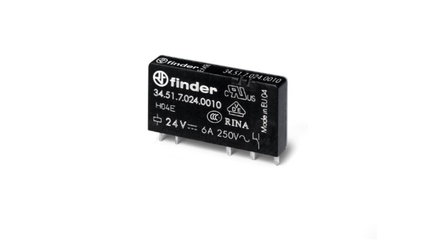 Relé sin enclavamiento Finder 34 Series de 1 polo, SPDT, bobina 24V dc, 6A, Carril DIN