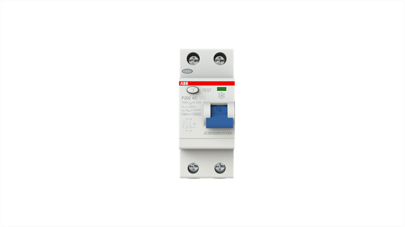 ABB RCCB 2 pólusú AC típusú, 100A, 30mA, F200 sorozat 230V ac