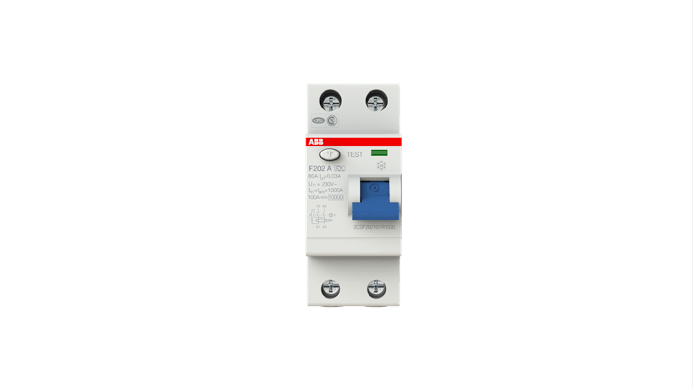 ABB F200 RCCB, 80A, 2 Pole, 30mA, Type A, 230V ac