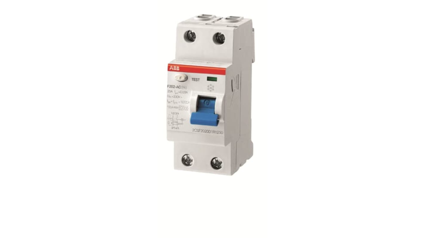 ABB F200 RCCB, 25A, 2 Pole, 500mA, Type A, 230V ac