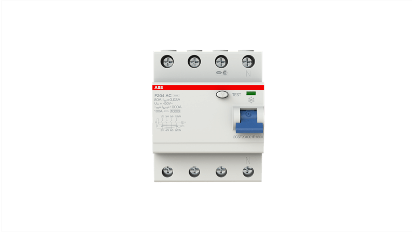 ABB F200 RCCB, 80A, 4 Pole, 30mA, Type AC, 230V ac