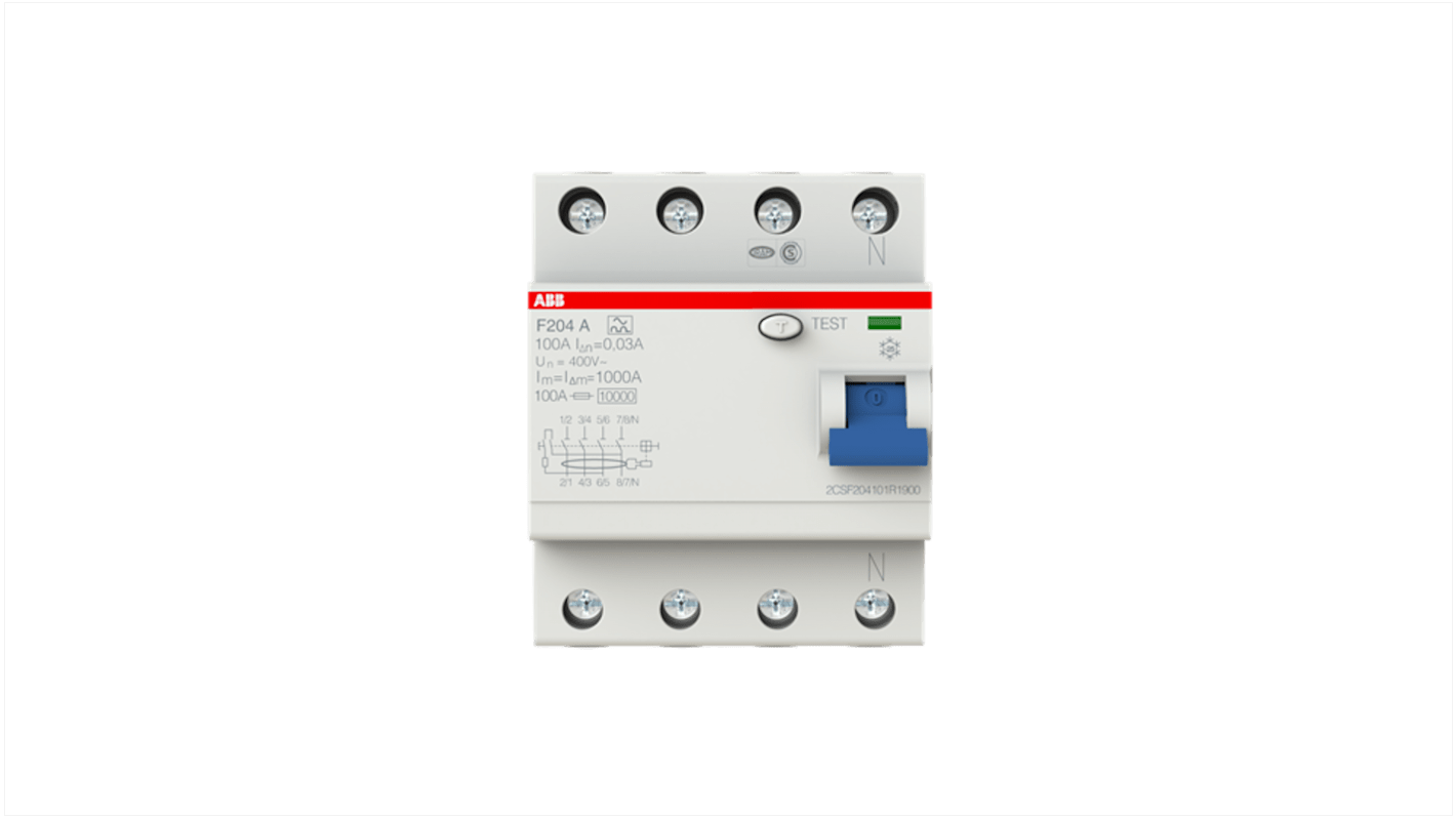 ABB F200 RCCB, 4-polig, 100A, 30mA Typ A 230V ac