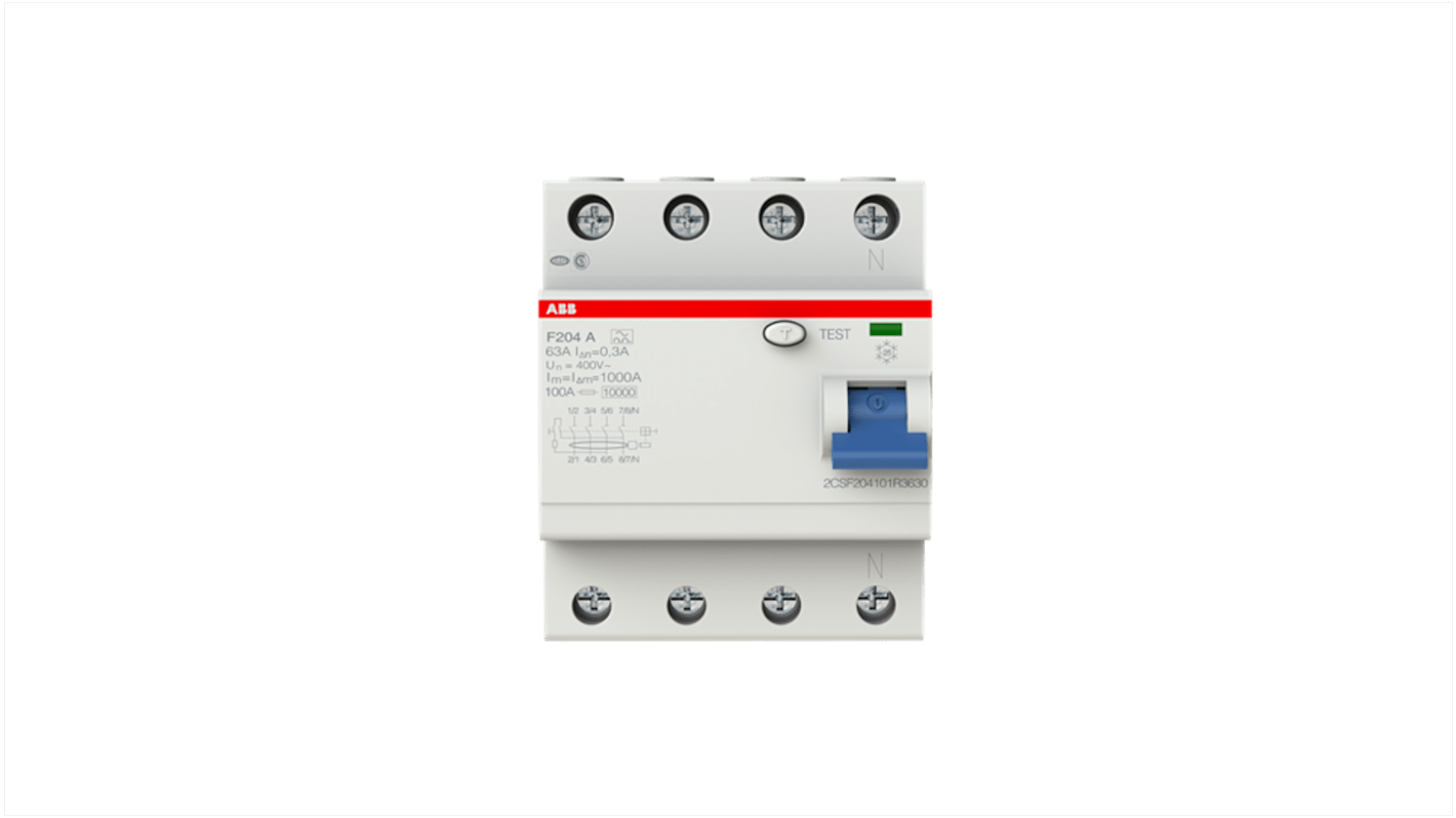 ABB F200 RCCB, 63A, 4 Pole, 300mA, Type A, 230V ac