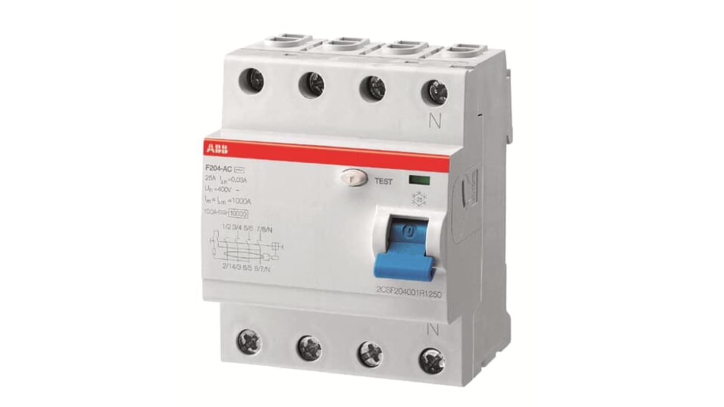 ABB F200 RCCB, 40A, 4 Pole, 500mA, Type A, 230V ac