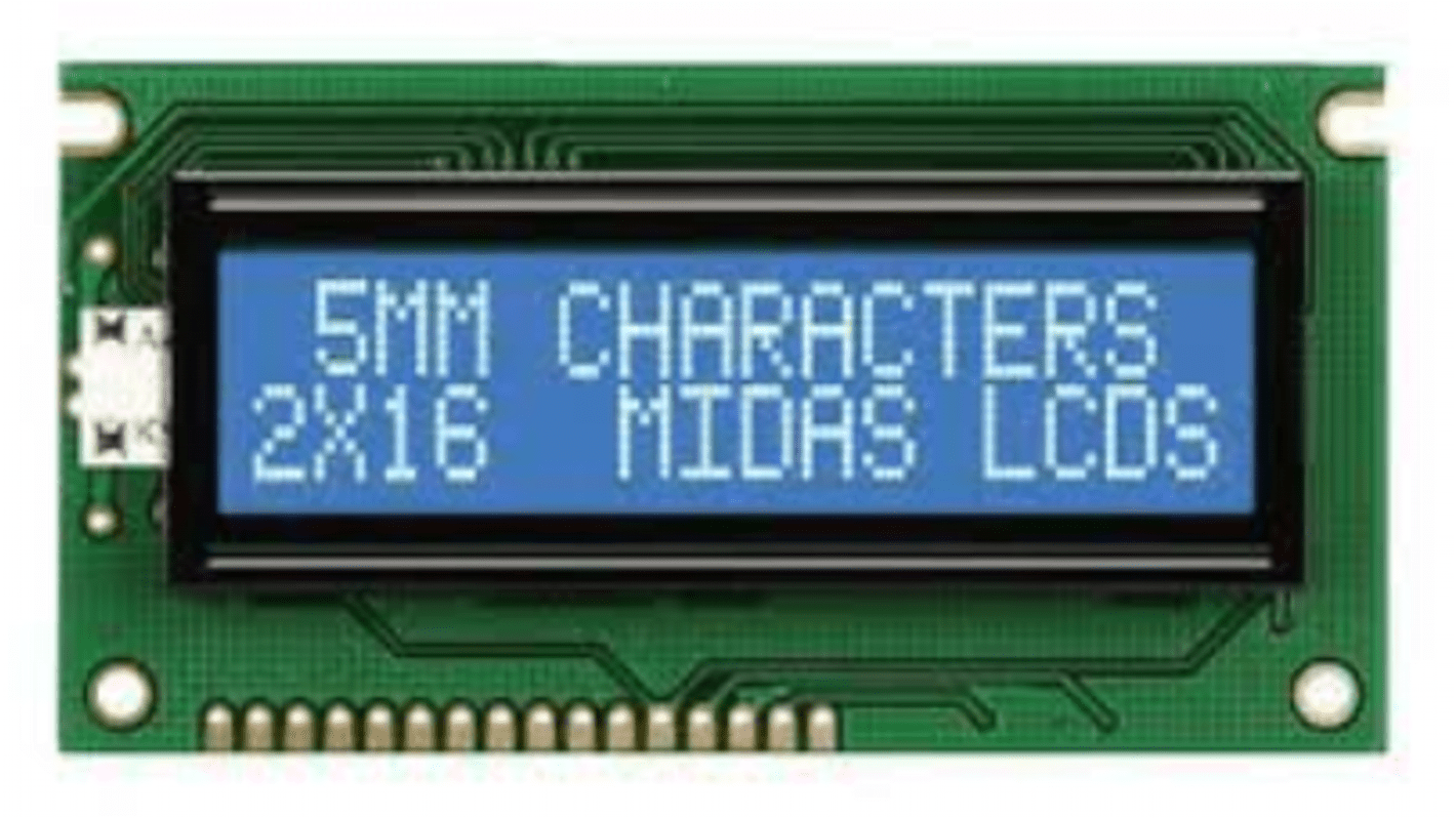 Display monocromo LCD alfanumérico Midas de 2 filas x 16 caract., transmisivo, área 64.5 x 16.4mm