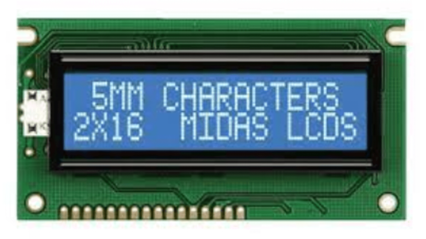 Midas Monochrom LCD, Alphanumerisch Zweizeilig, 16 Zeichen 84 x 44 x 10.5mm, Hintergrund Blau Lichtdurchlässig,