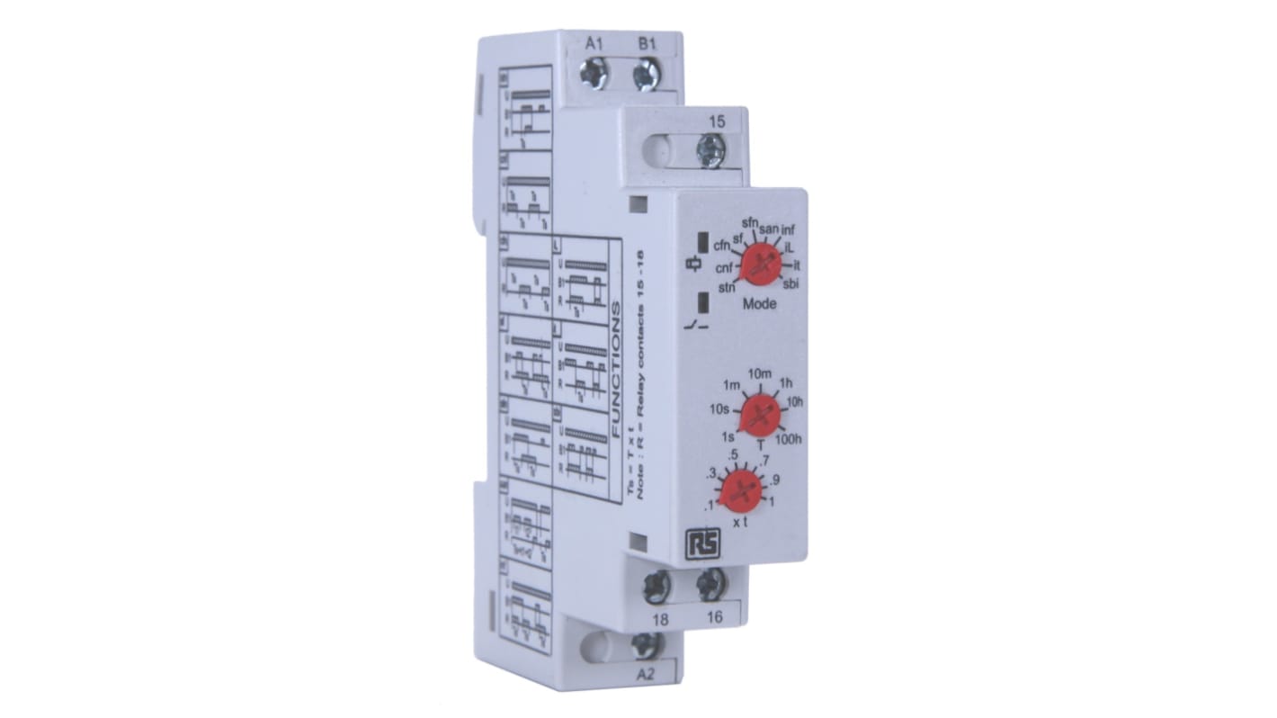 RS PRO 12 → 240V ac Timer Relay, Multi-funktions timerfunktioner DIN-skinne