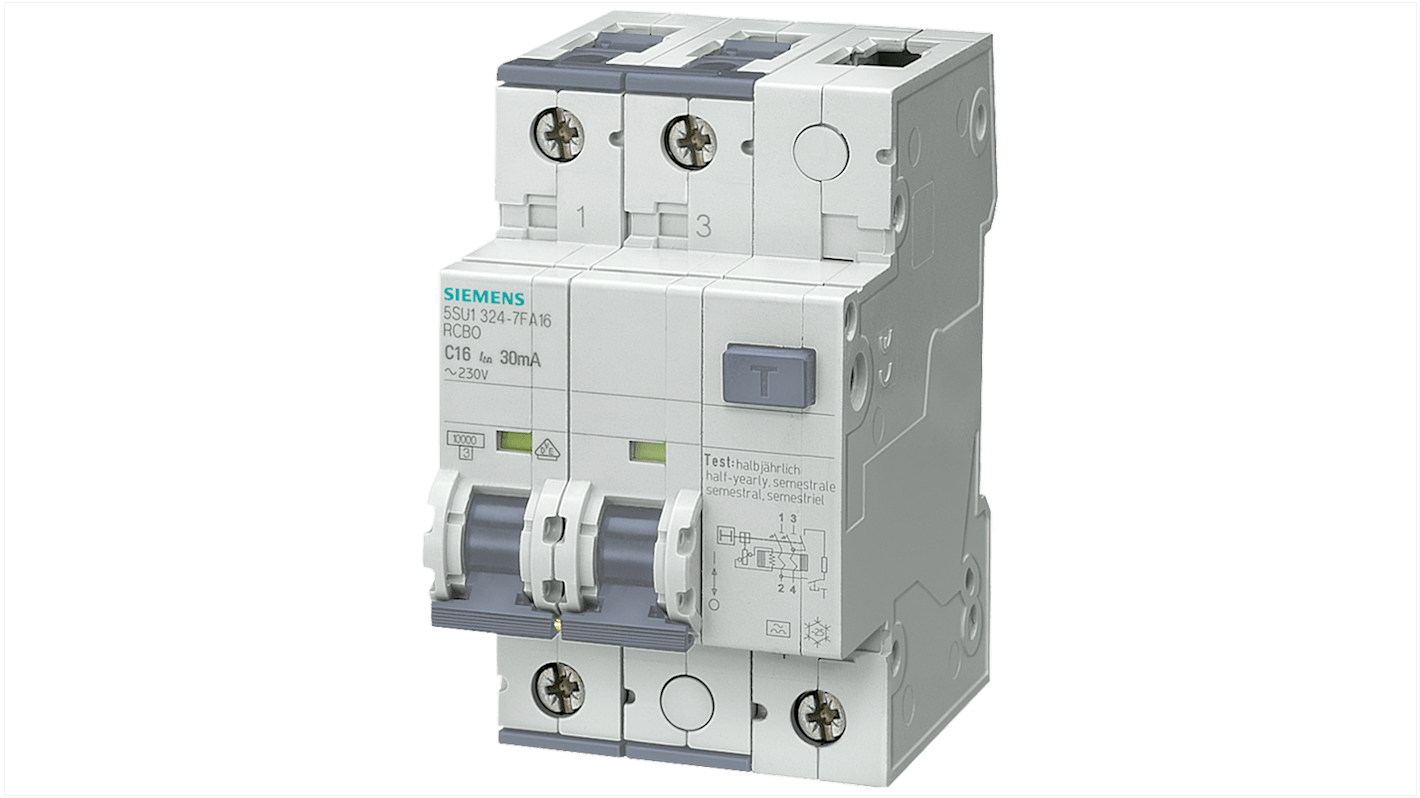 Interruptor automático y diferencial 2P, 16A, Sensibilidad 30mA, Sentron