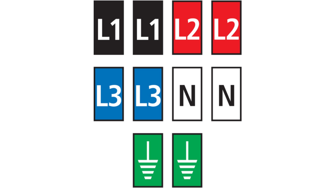 HellermannTyton WIC1 Cable Markers, assorted colours, Pre-printed "EARTH, L1, L2, L3, N", 2 → 2.8mm Cable,