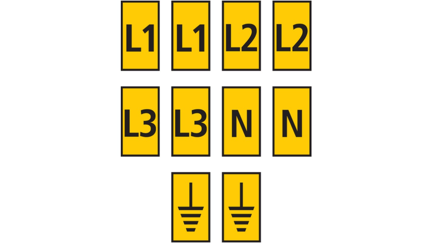 HellermannTyton WIC Snap On Cable Markers, Yellow, Pre-printed "EARTH, L1, L2, L3, N", 2 → 2.8mm Cable, for