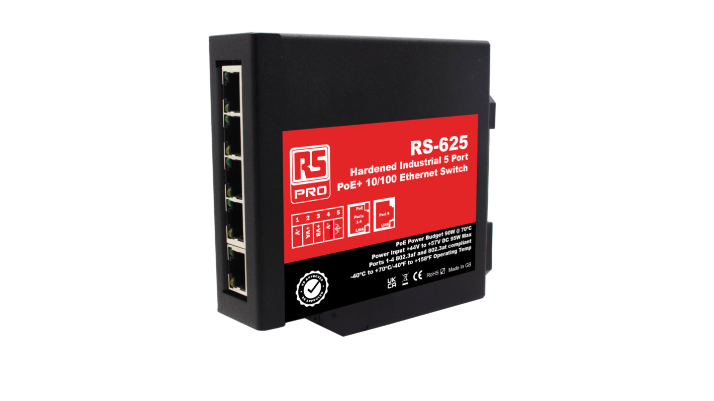 Switch Ethernet RS PRO, 10/100Mbit/s, 5 porte, Montaggio su guida DIN, Sì