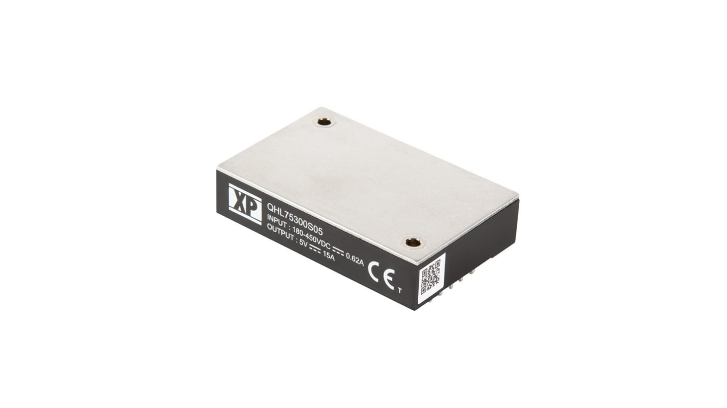 XP Power QHL75 DC-DC Converter, 12V dc/ 6.2A Output, 180 → 450 V dc Input, 75W, Through Hole, +105°C Max Temp