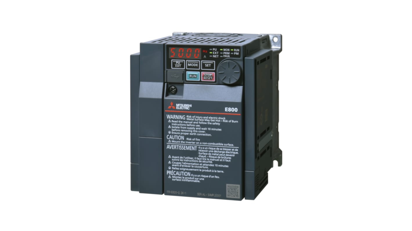 Módulo inversor Mitsubishi Electric serie FR-E800, 0,75 kW, 240 V, 1 fase, 5 A, 50Hz, IP20, RS-485