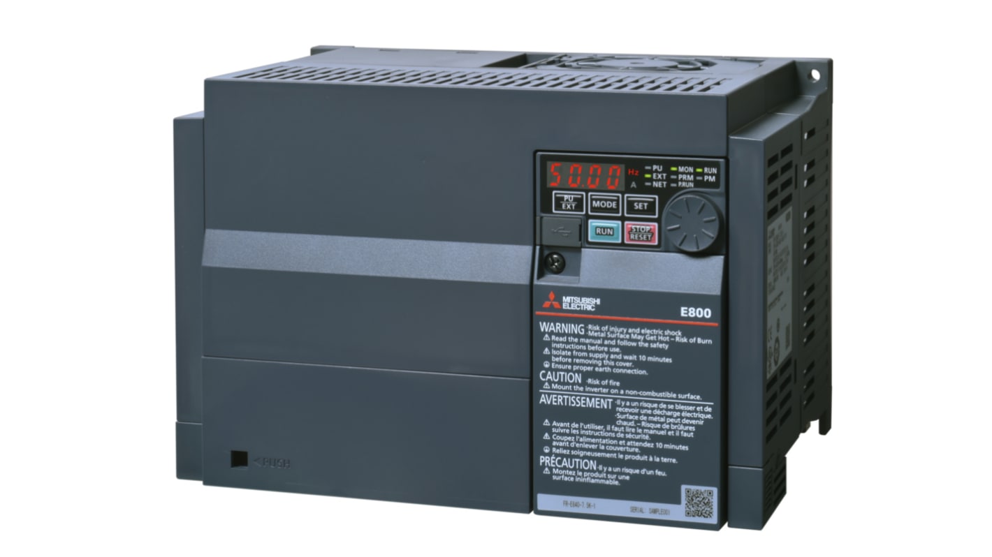 Módulo inversor Mitsubishi Electric serie FR-E800, 7,5 kW, 480 V, 3 fases, 17 A, 50Hz, IP20, RS-485