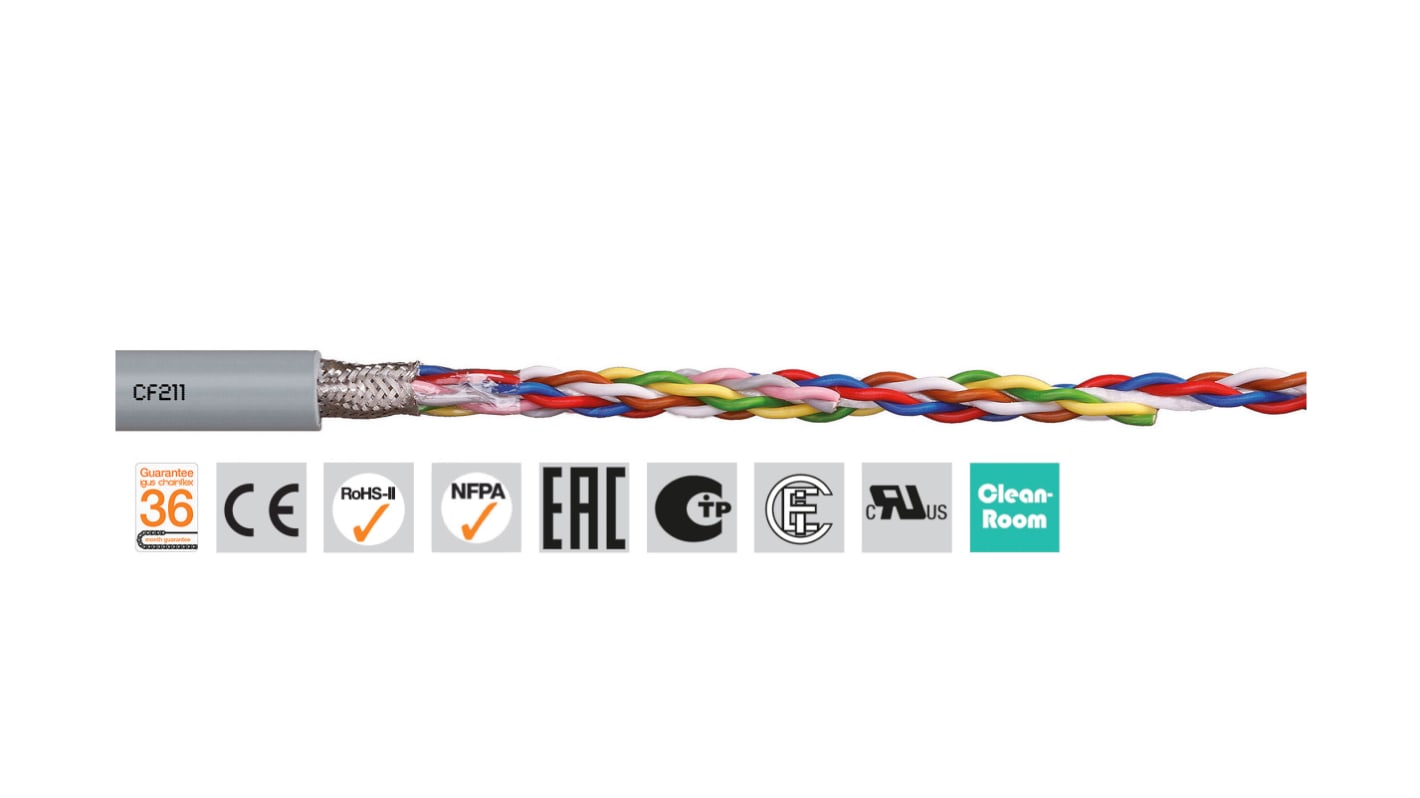 Igus chainflex CF211 Datenkabel, 8-adrig x 0,25 mm² Grau / 5 A, 100m, 23 AWG, Kupfergeflecht verzinnt