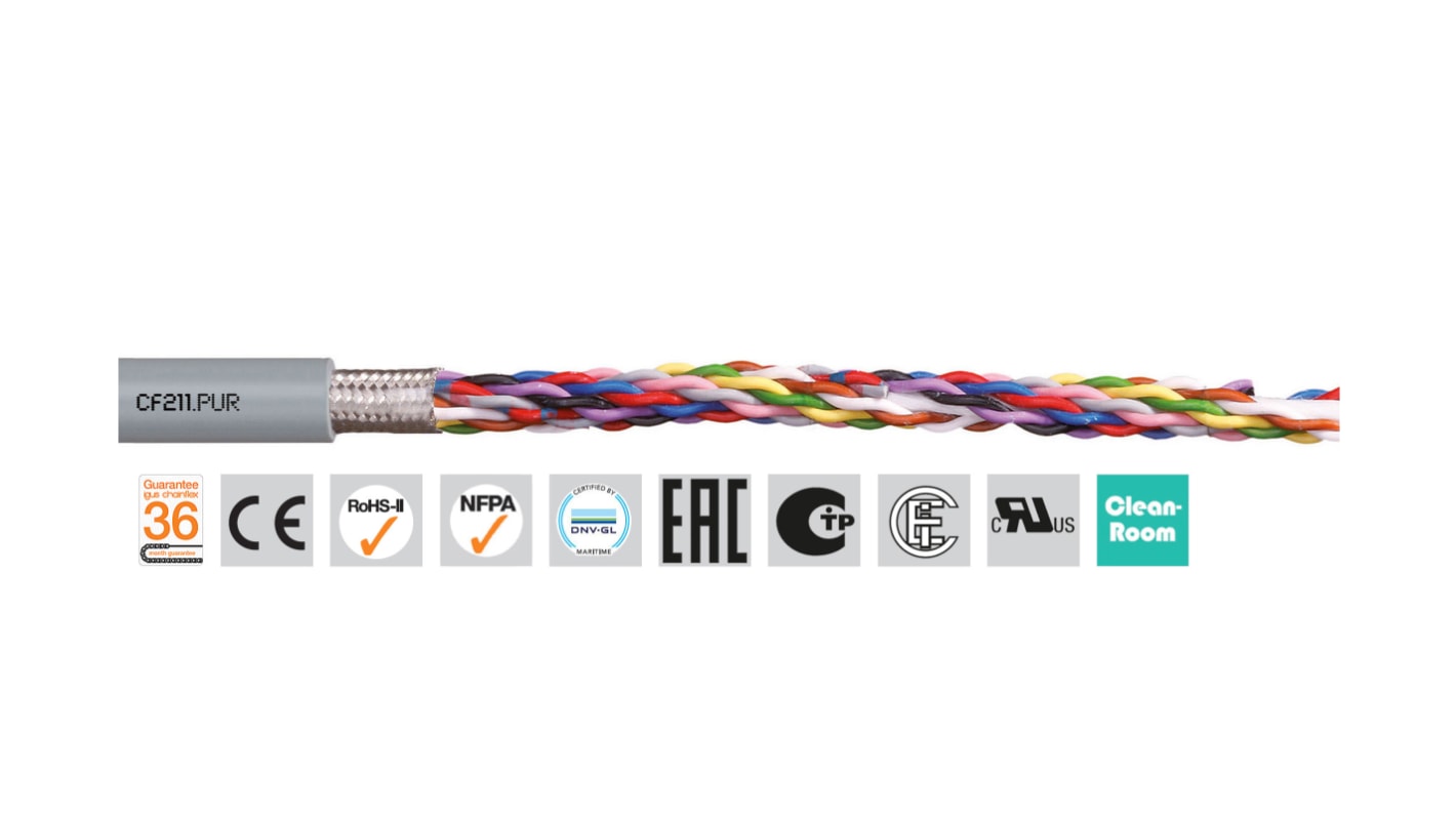 Igus chainflex CF211.PUR Data Cable, 4 Cores, 0.25 mm², Screened, 100m, Grey PUR Sheath, 23 AWG