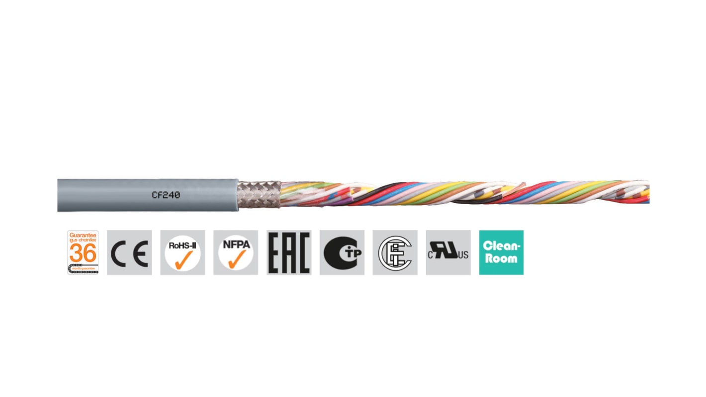 Igus chainflex CF240 Data Cable, 8 Cores, 0.25 mm², Screened, 100m, Grey PVC Sheath, 23 AWG