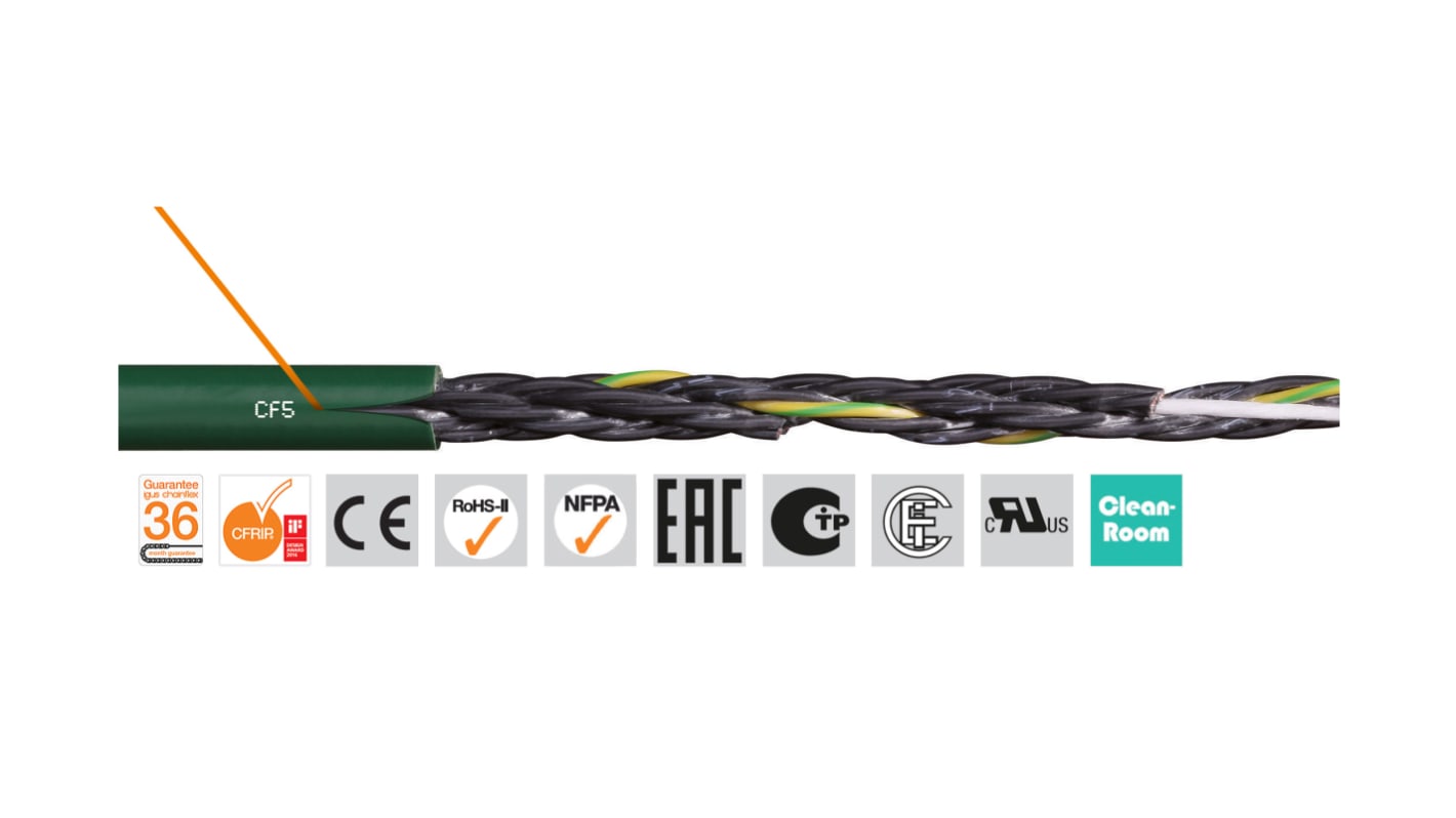 Igus chainflex CF5 Control Cable, 18 Cores, 0.5 mm², Unscreened, 100m, Green PVC Sheath, 20 AWG