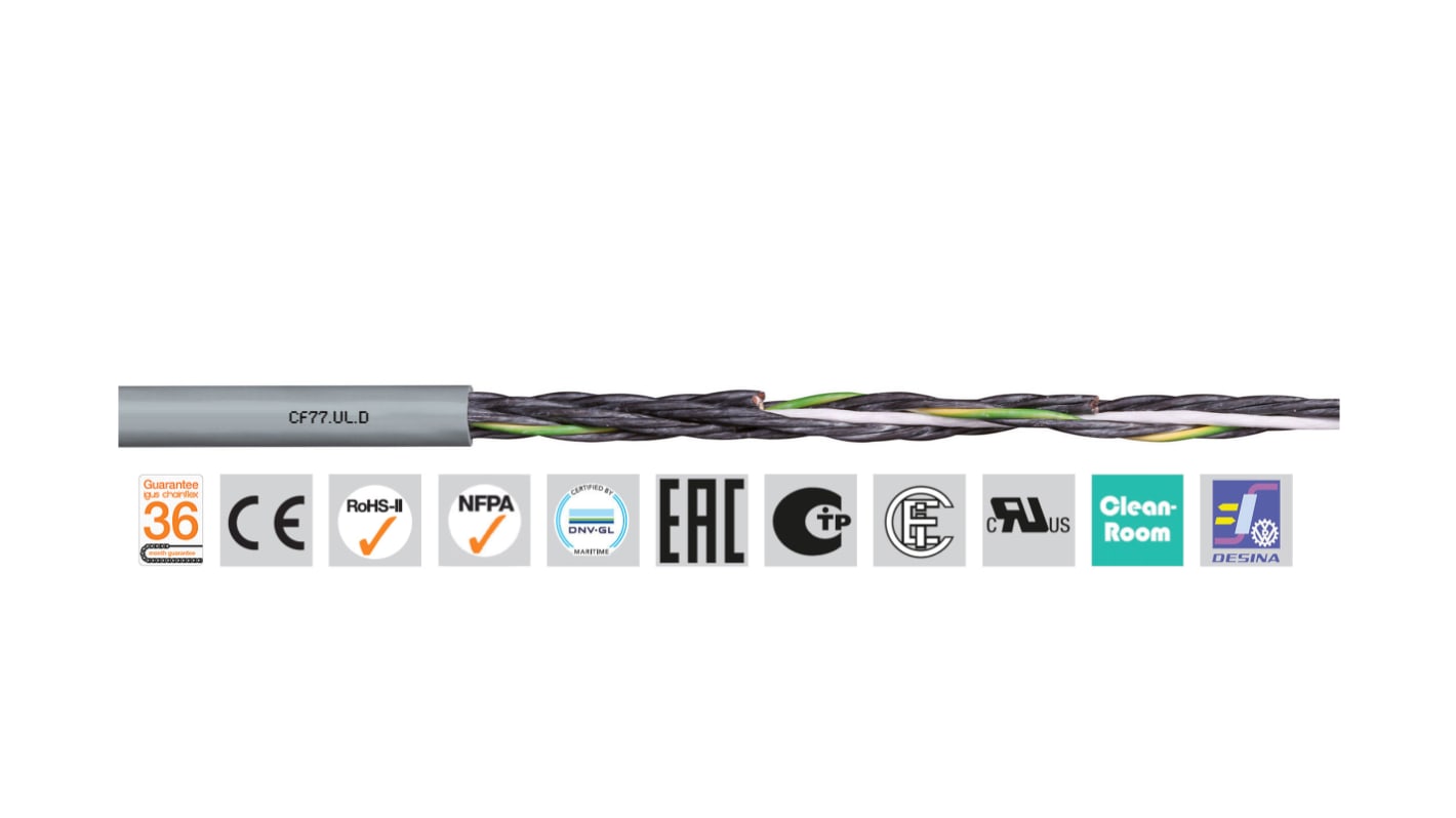 Igus chainflex CF77.UL.D Control Cable, 7 Cores, 0.75 mm², Unscreened, 100m, Grey PUR Sheath, 18 AWG