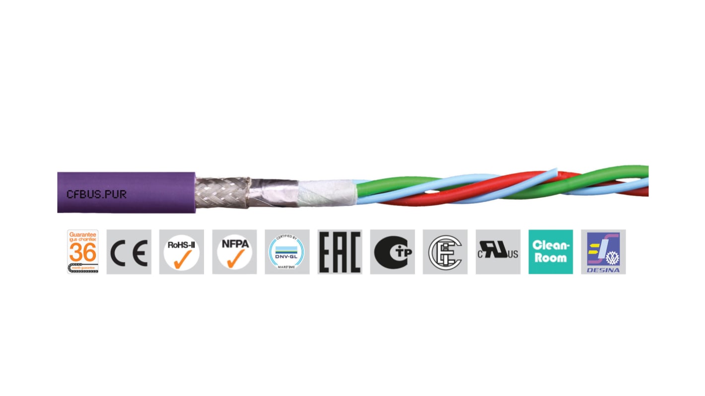 Igus chainflex CFBUS.PUR Bus Cable, 2 Cores, 0.25 mm², Screened, 100m, Purple PUR Sheath, 23 AWG