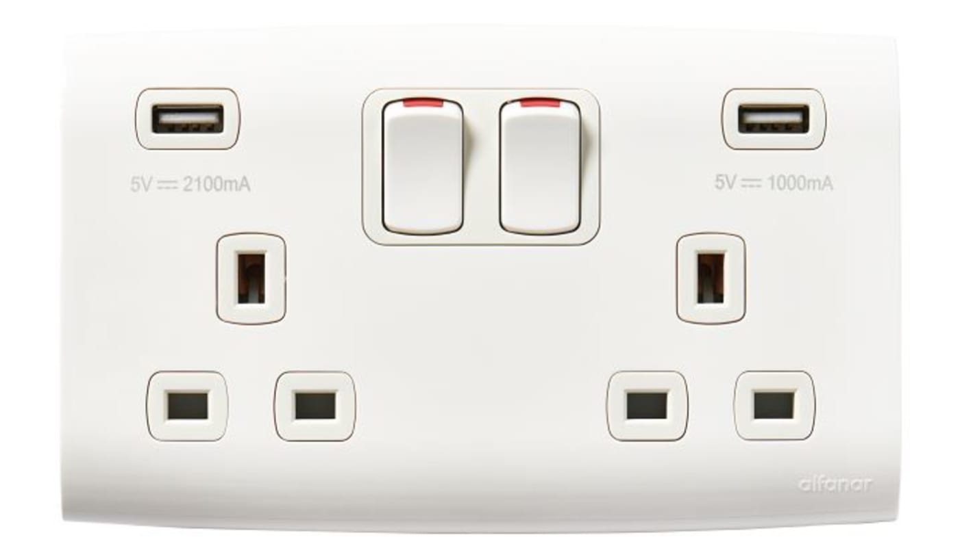 Conector hembra USB Schuko Contactum, Blanco, 2 Módulos, con interruptor Interior, 13A