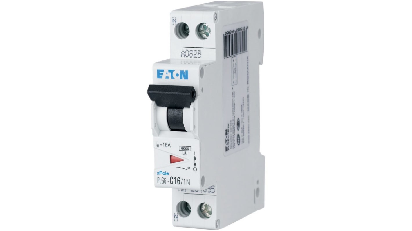 Eaton xPole MCB, 1+N, 16A Curve C, 230V AC, 6 kA Breaking Capacity