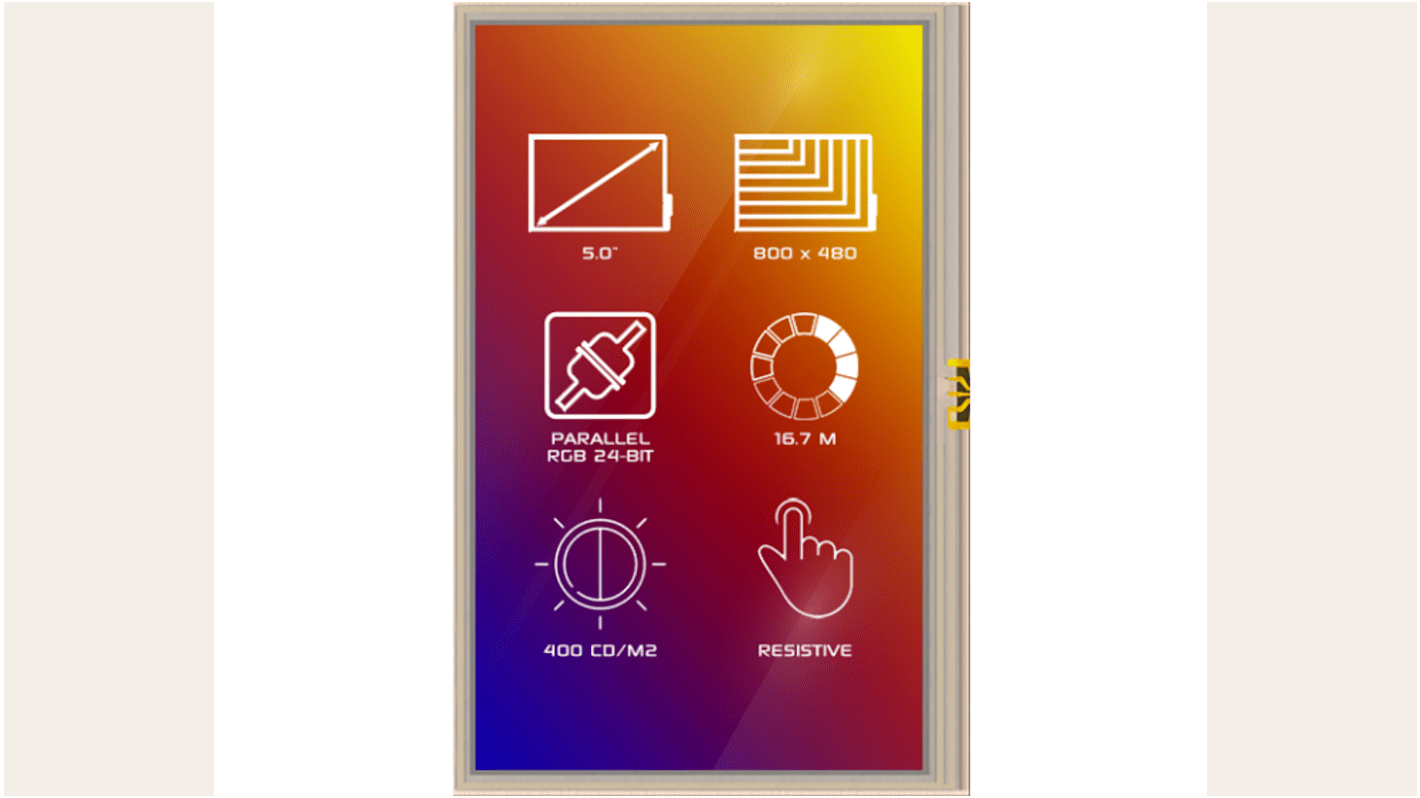 Display LCD TFT 4D Systems, 5poll, interfaccia RGB, 800 x 480pixels, touchscreen
