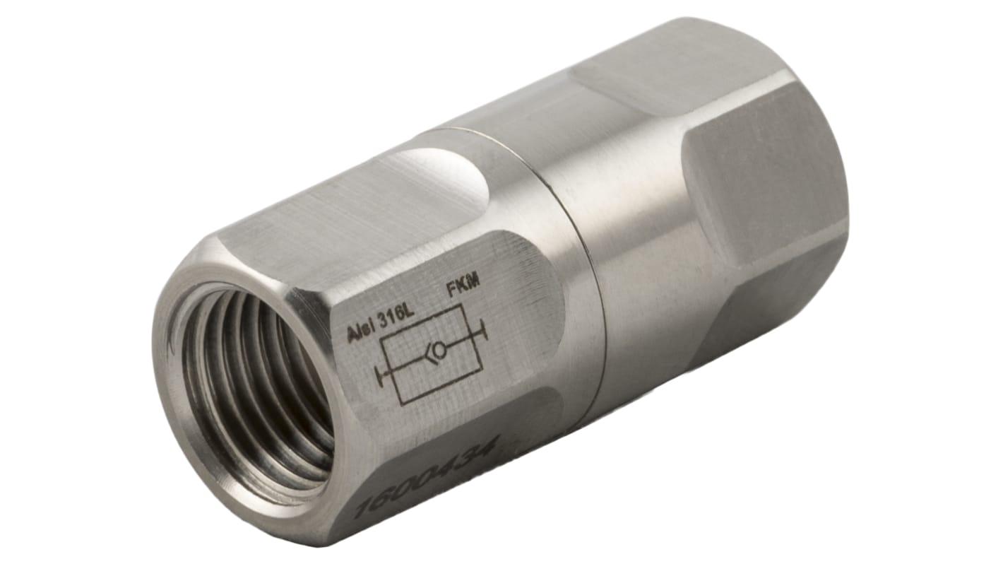 RS PRO 66061 Non Return Valve 1/8 in Female Inlet, 1/8in Tube Inlet, 1/8 in Female Outlet, 0.2 → 25bar