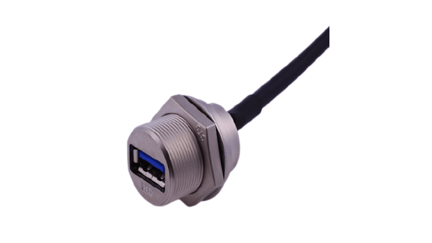 RS PRO Straight, Panel Mount, Socket- Single Port Type A 3.0 IP68 Type A USB Connector