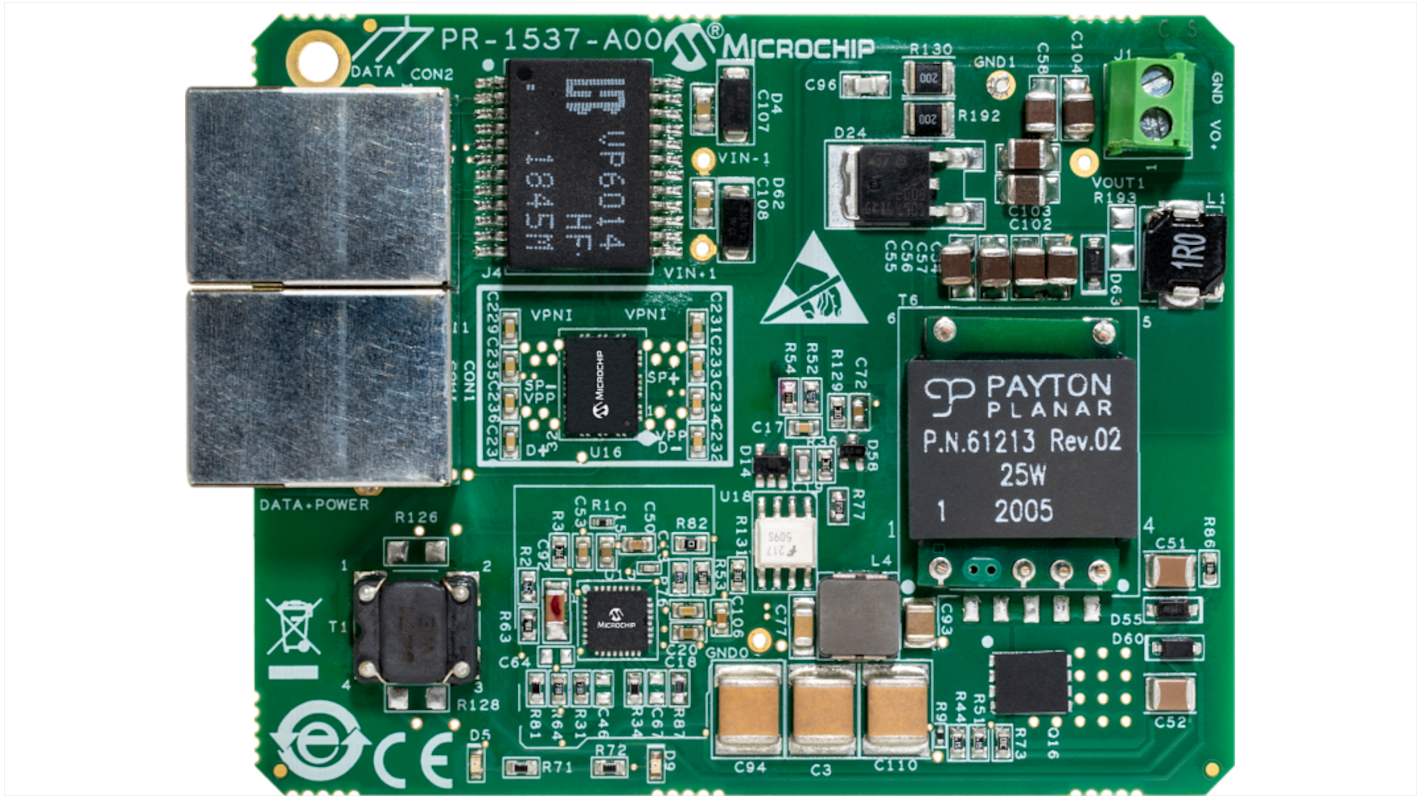 Microchip IEEE802.3at/bt Type 2 PD EVB PD70201, w/isolated low-profile flyback 24V 1.05A Power Module for PD70201ILQ