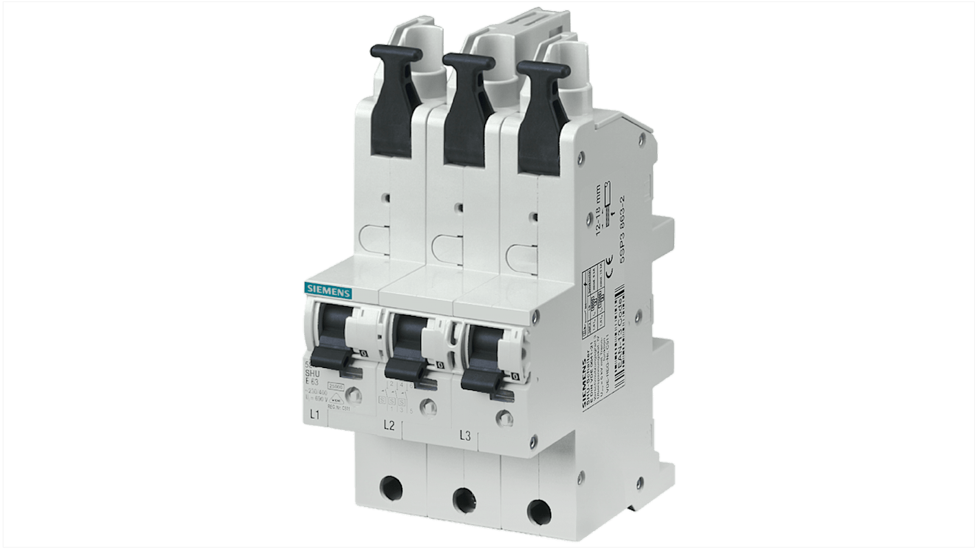 Interruptor automático 3P, 63A, Curva Tipo E 5SP3863-2, SENTRON, Montaje en Carril DIN