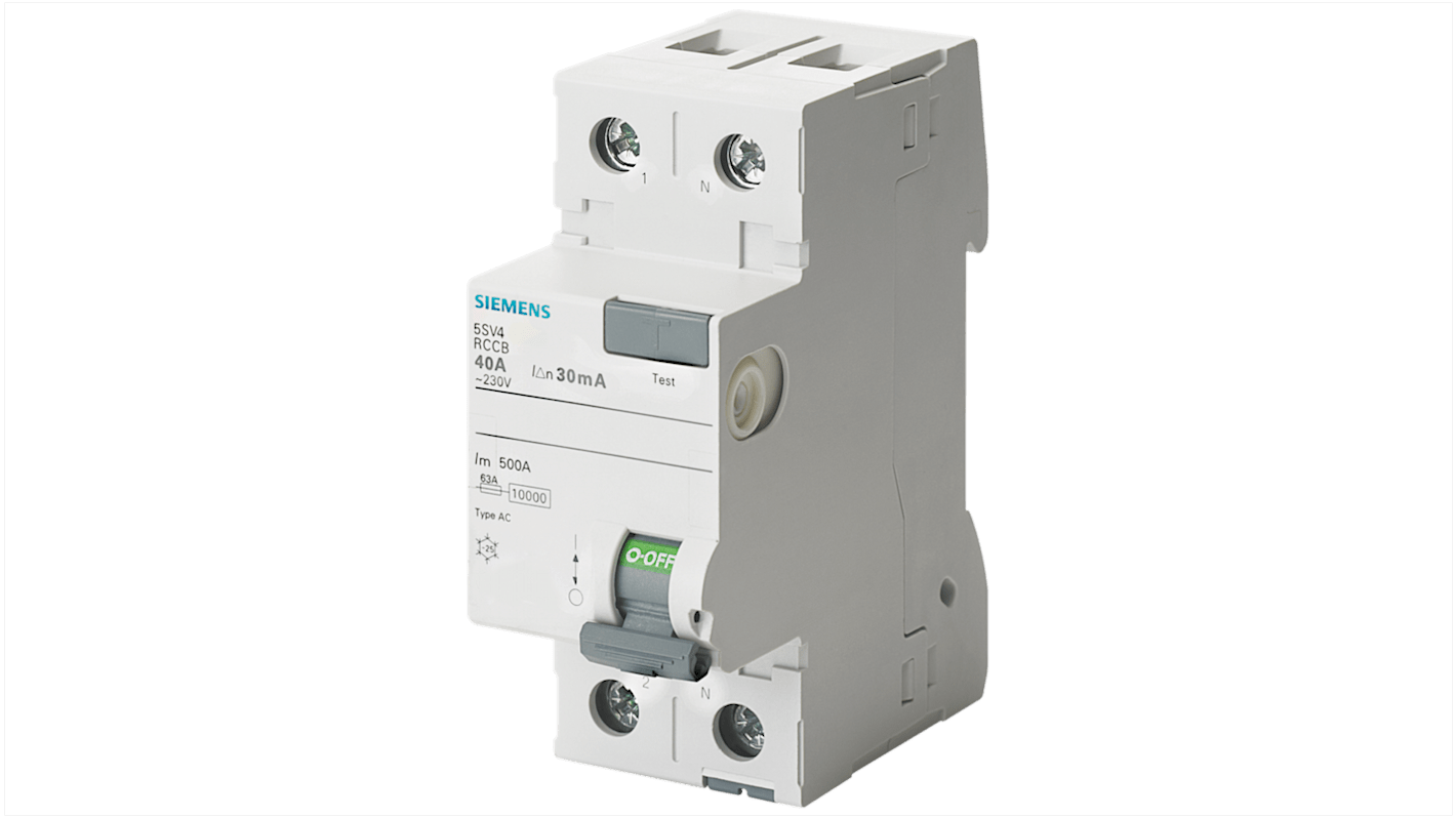 Siemens 5SV4314 RCCB, 40A, 2 Pole, 30mA, Type AC, 230V ac