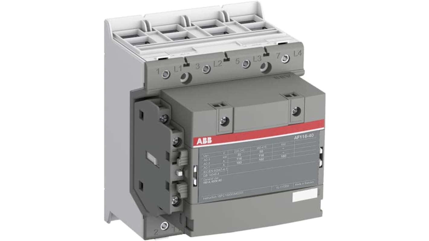 ABB AF116-40-11-13 AF Contactor, 250 V Coil, 4-Pole, 160 A, 55 kW, 4NO