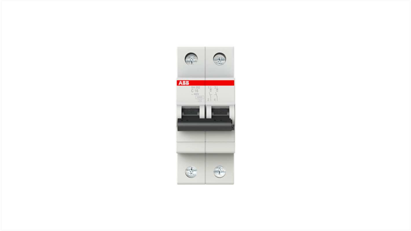 ABB Compact Home SH200 MCB, 2P, 16A Curve C, 400V AC, 400V DC, 6 kA Breaking Capacity