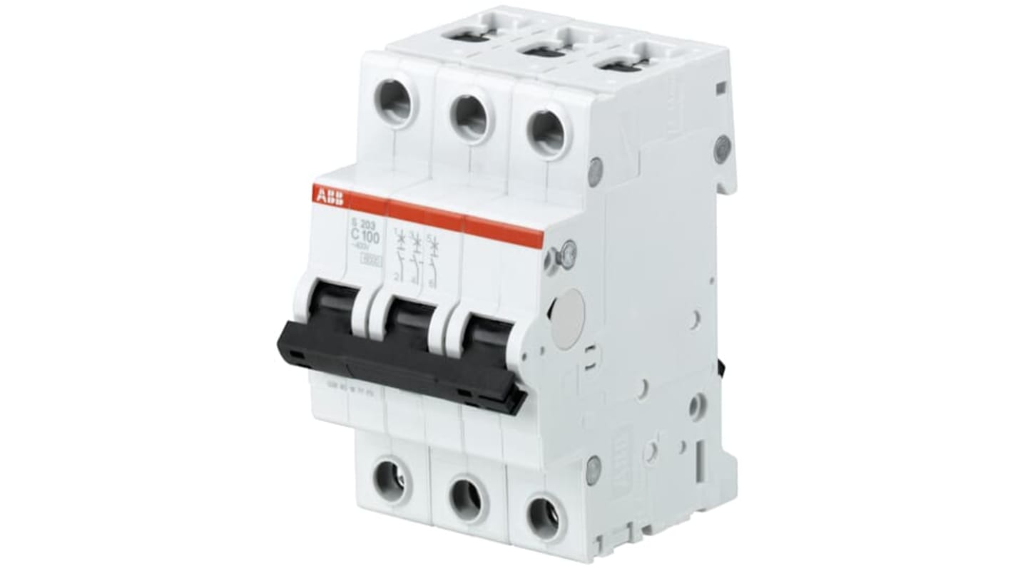 ABB B型MCB, 3极, 10kA分断, 100A, 440VAC, S200系列 S203-B100