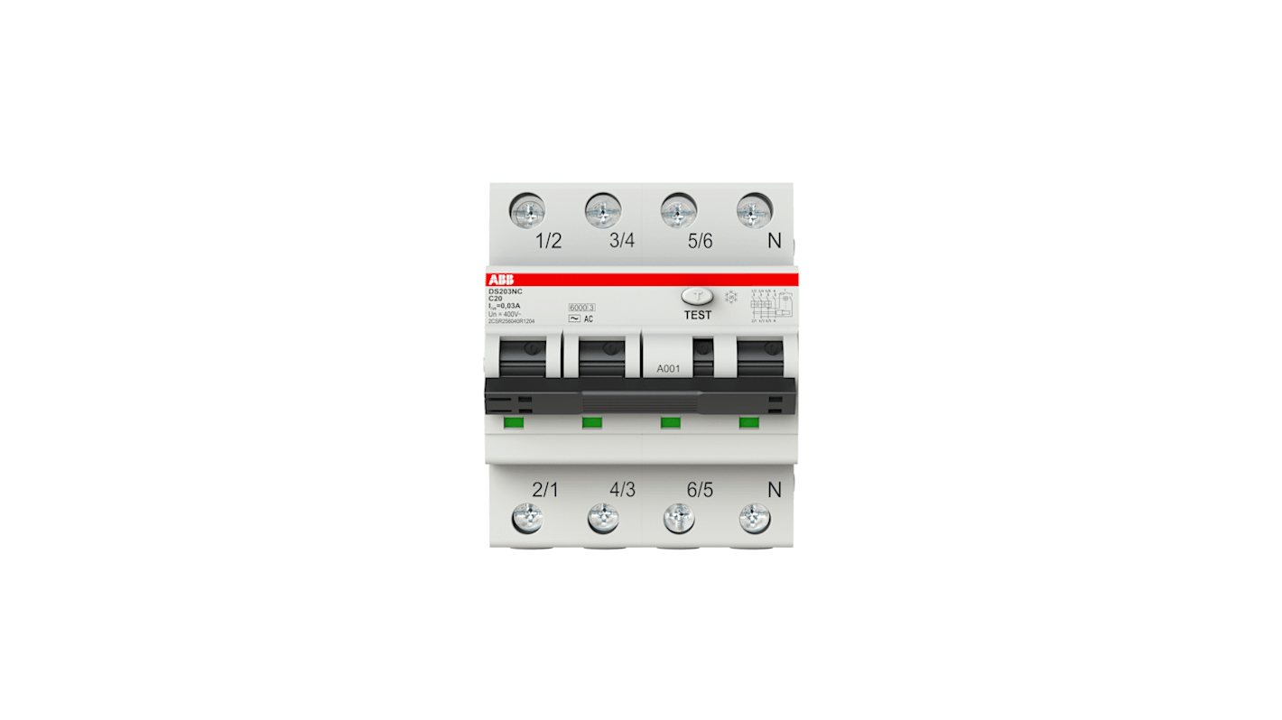 ABB 20A 4P RCBO, 30mA C型剩余电流动作断路器, 400 → 415V, DS203NC系列