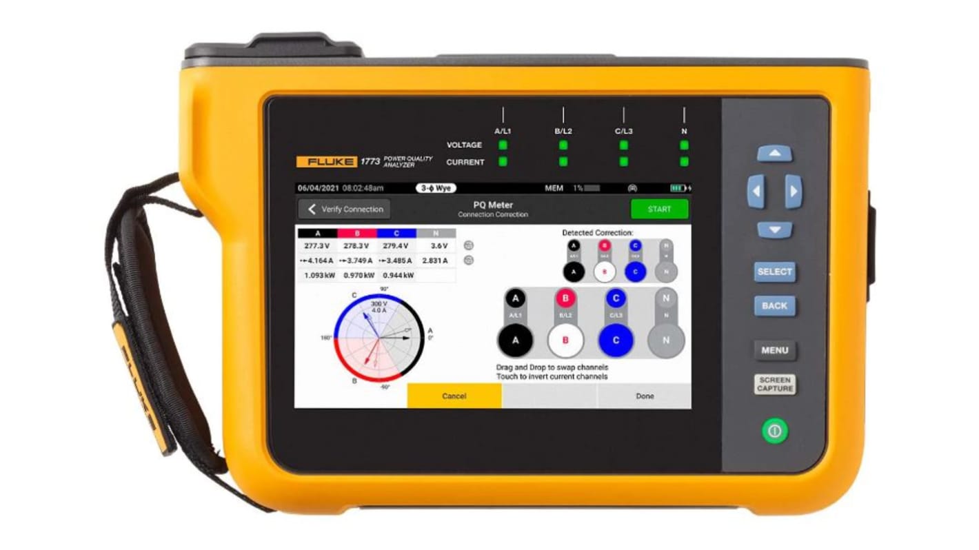 Analizzatore qualità rete elettrica Fluke 1777, 3 fasi, 1000V cc max, interfaccia Bluetooth, USB, Wireless