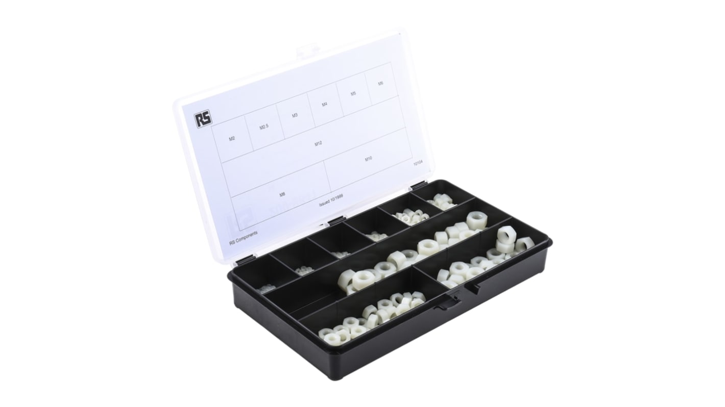 RS PRO 六角全高螺母套装, M2, M2.5, M3, M4, M5, M6, M8, M10, M12螺纹, 尼龙制