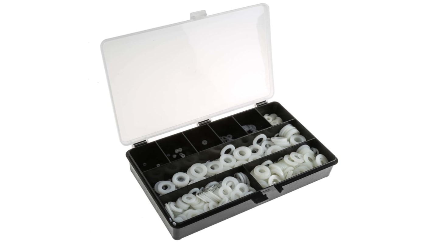 RS PRO 平垫圈套装, 尼龙制, 用于M2, M2.5, M3, M4, M5, M6, M8, M10, M12